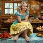 Young woman in artistic dress in cozy kitchen setting
