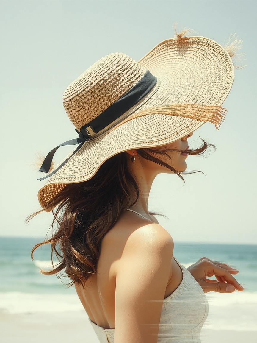 Woman by the beach with sunhat and ocean backdrop