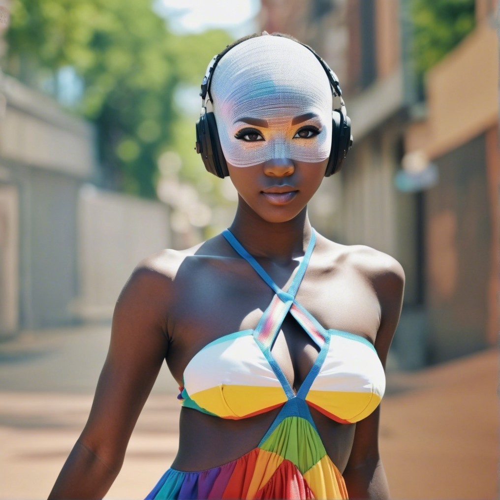 Confident Individual in Rainbow Dress in Vibrant Street