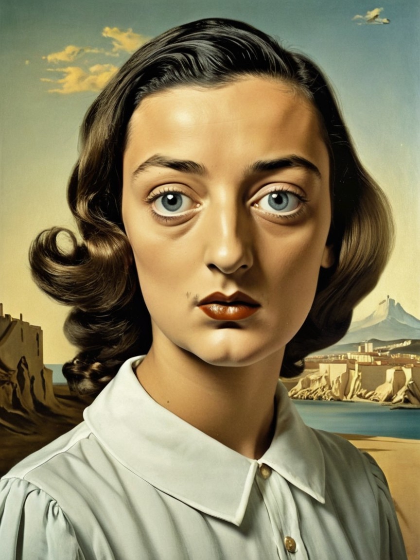 Young Woman with Blue Eyes in Surreal Landscape