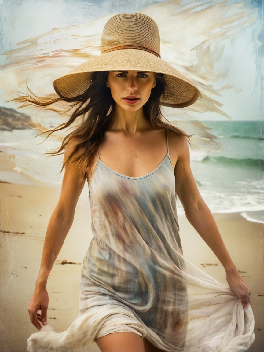 Woman in flowing dress walks along sandy beach