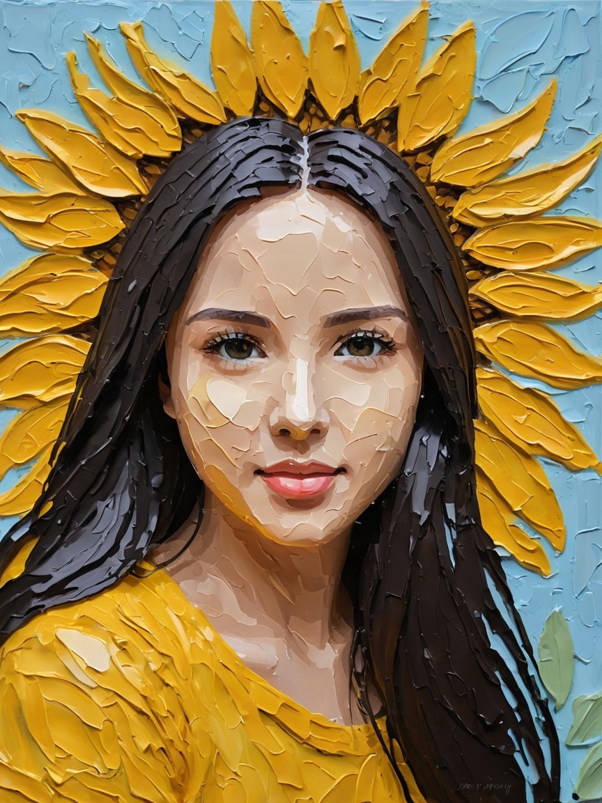 Young woman with sunflowers on blue background