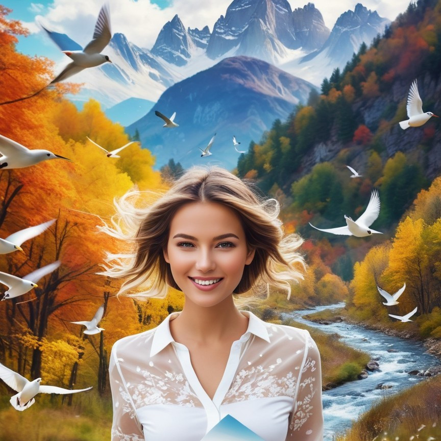 Young Woman in Vibrant Autumn Landscape with Nature