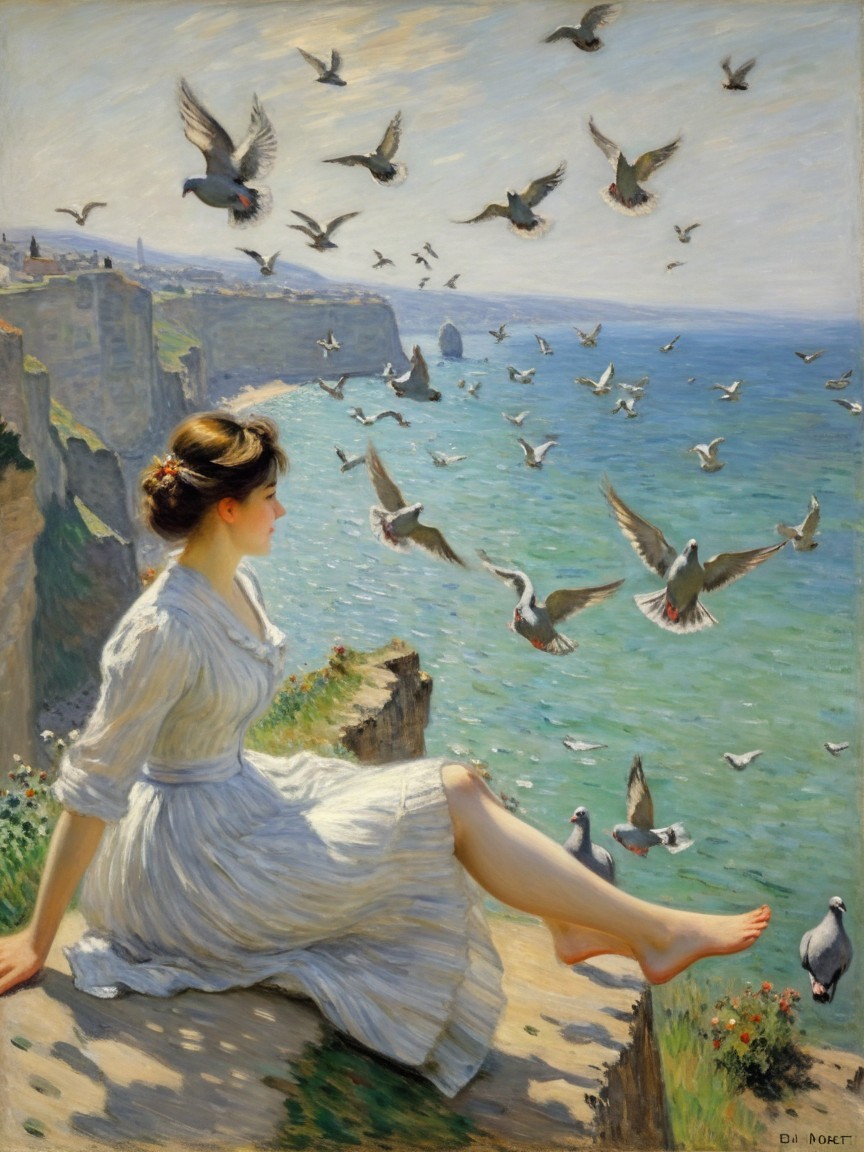 Young Woman in White Dress Overlooking Blue Sea