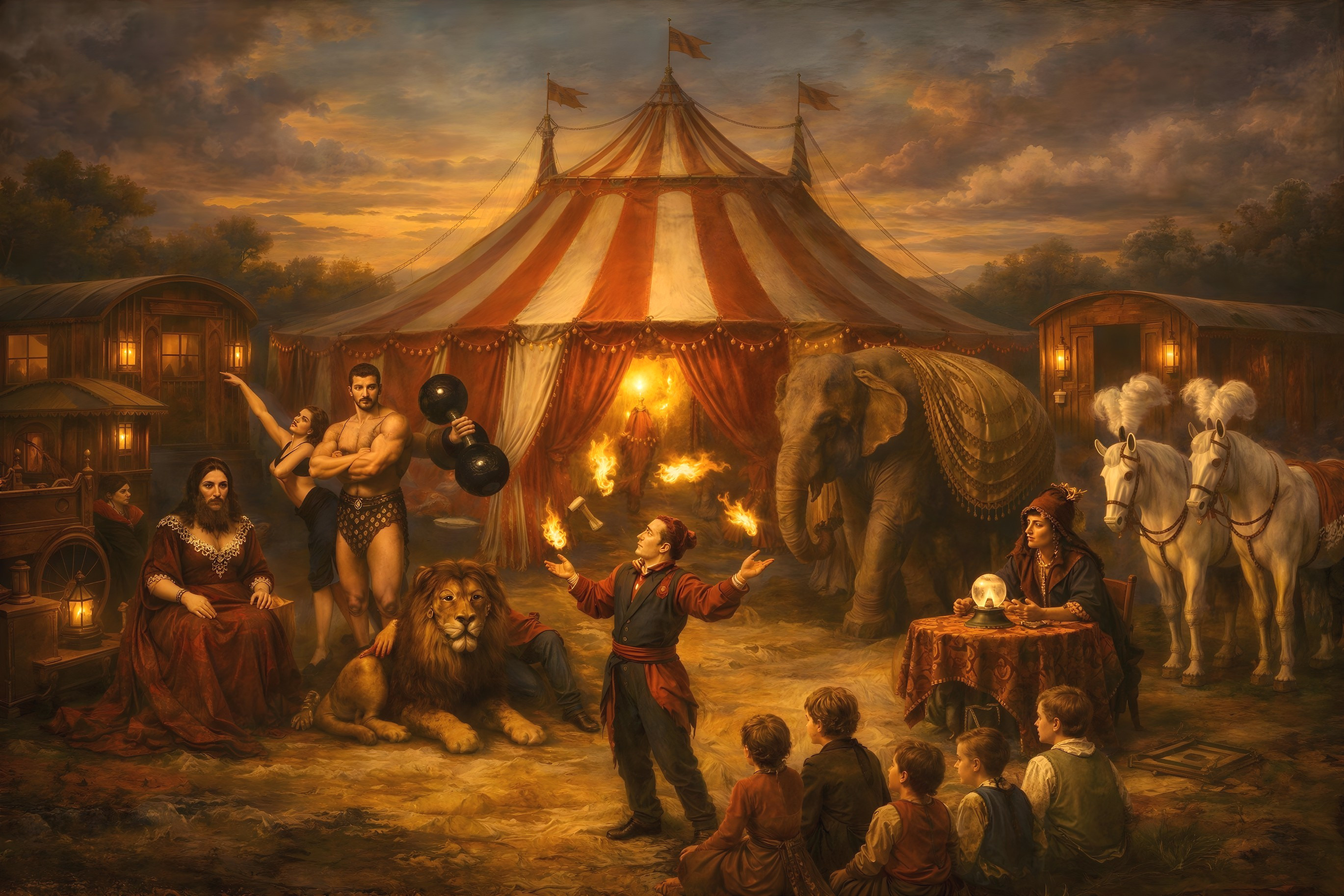 Photorealistic Circus Scene at Dusk with Performers
