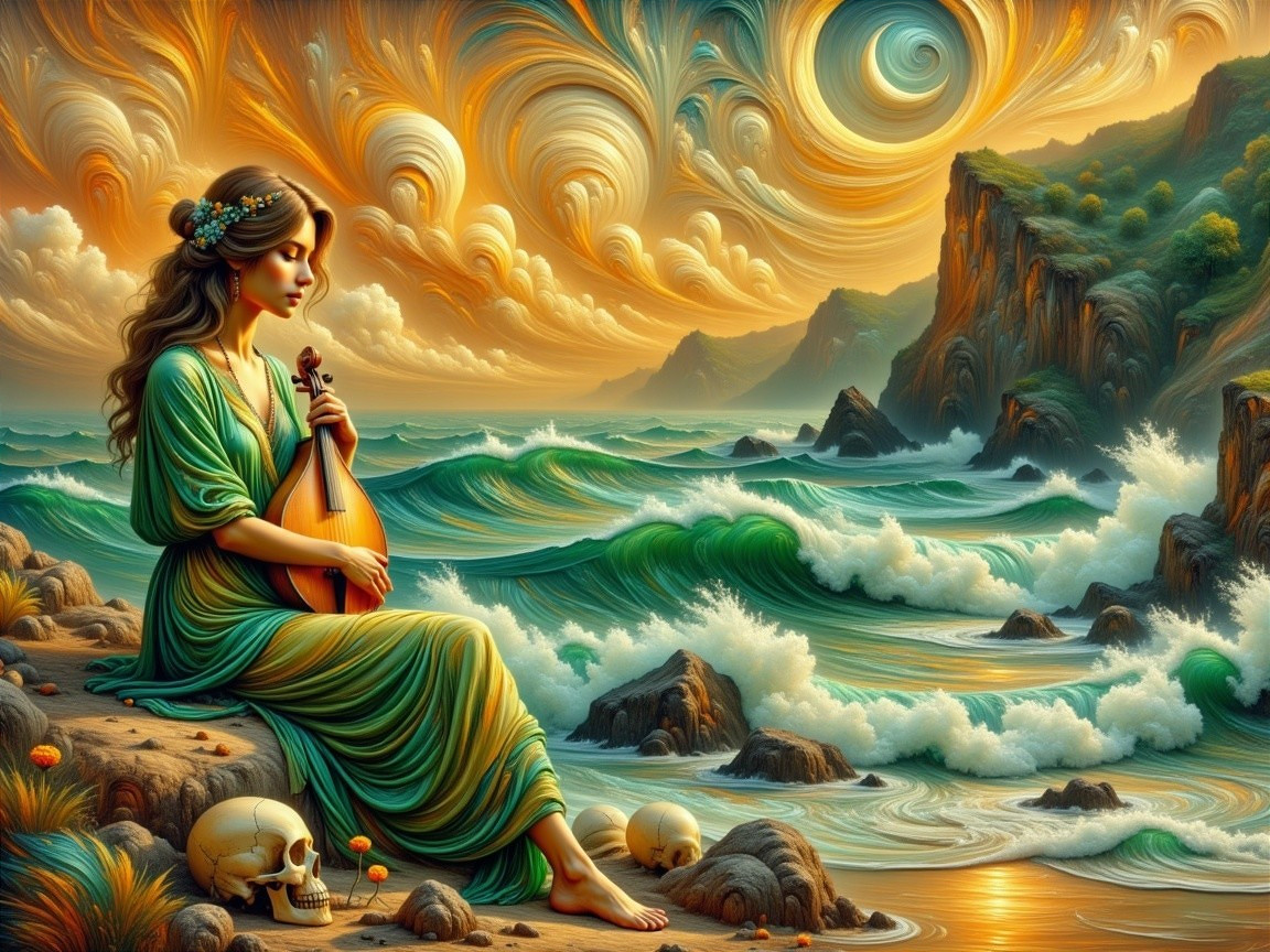 Female Musician on Beach with Mandolin and Psychedelic Sky