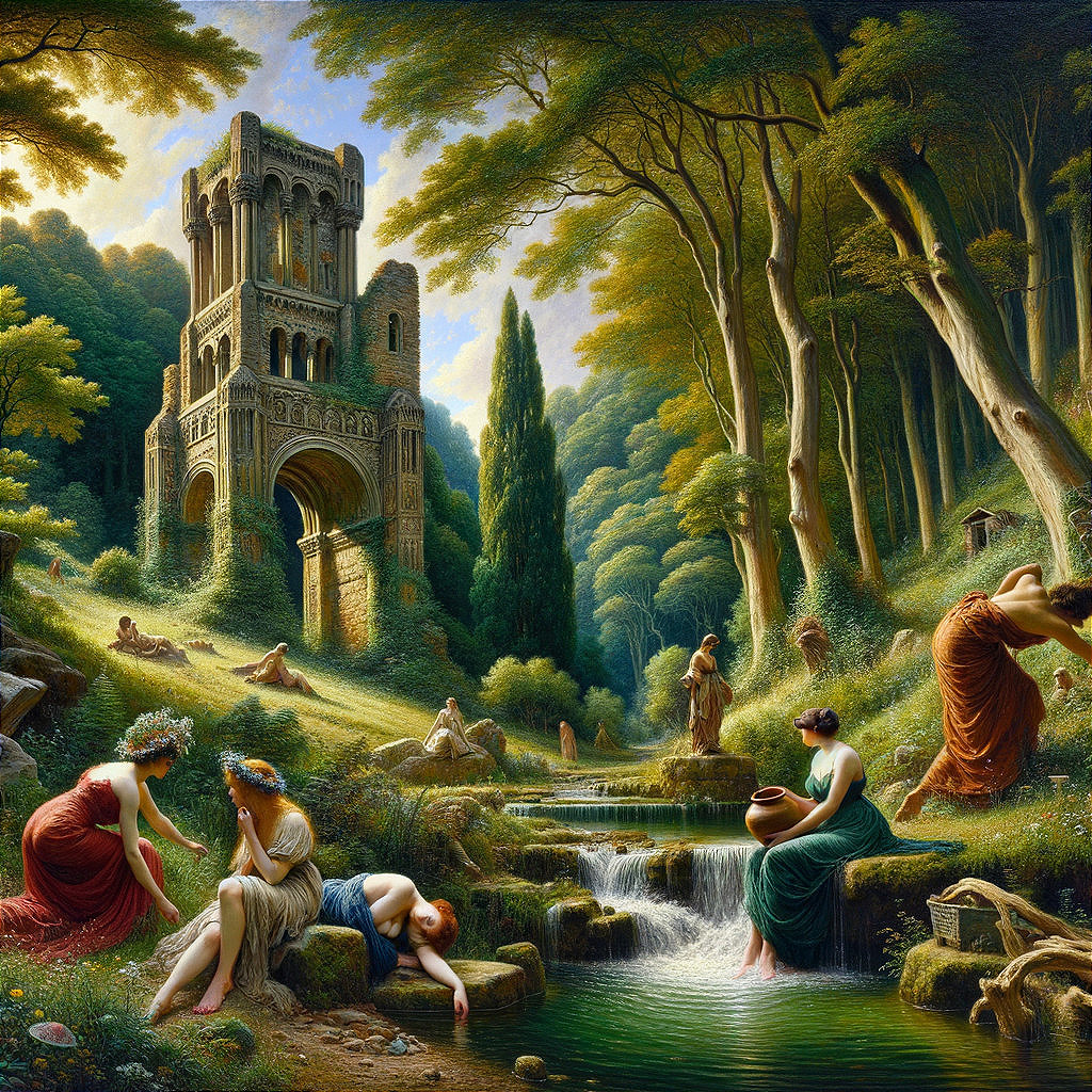 Detailed Oil Painting of a Lush Green Landscape