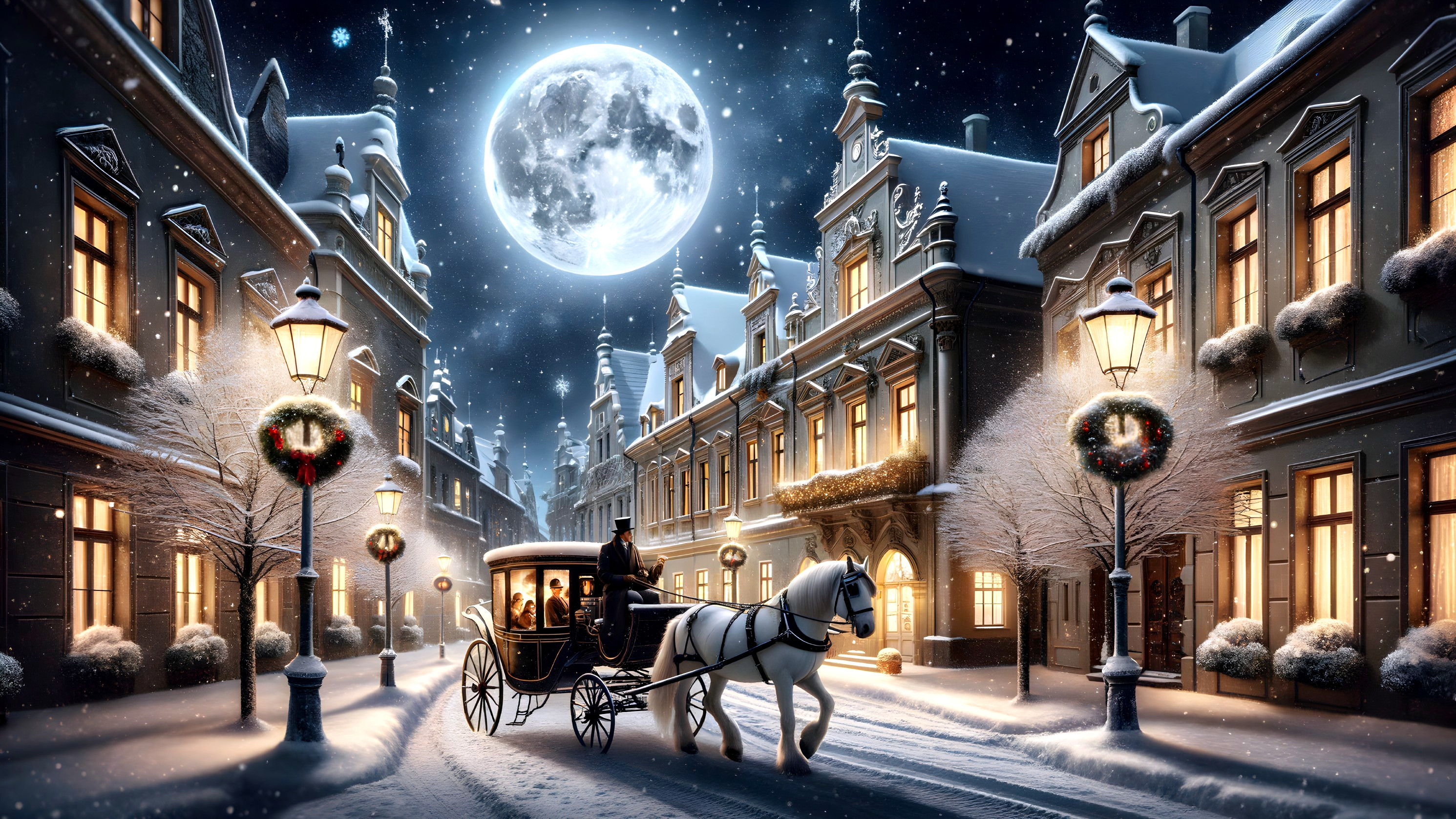 Winter Night Scene with Horse-Drawn Carriage