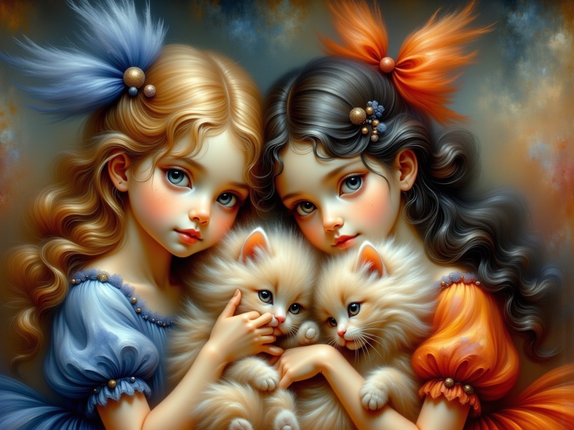 Portrait of Two Girls with Kittens and Victorian Attire