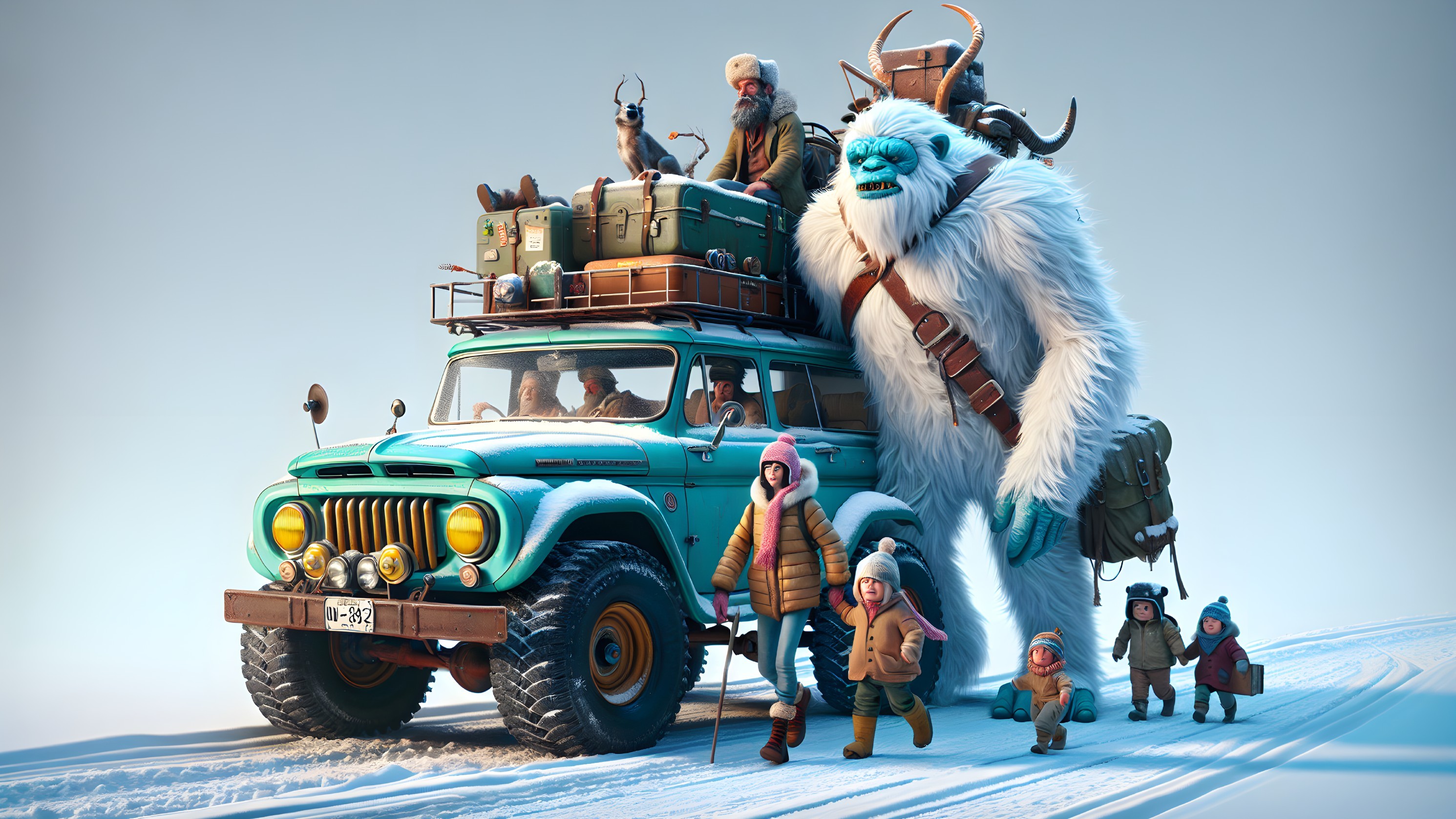 Whimsical Car Illustration with Yeti Companion