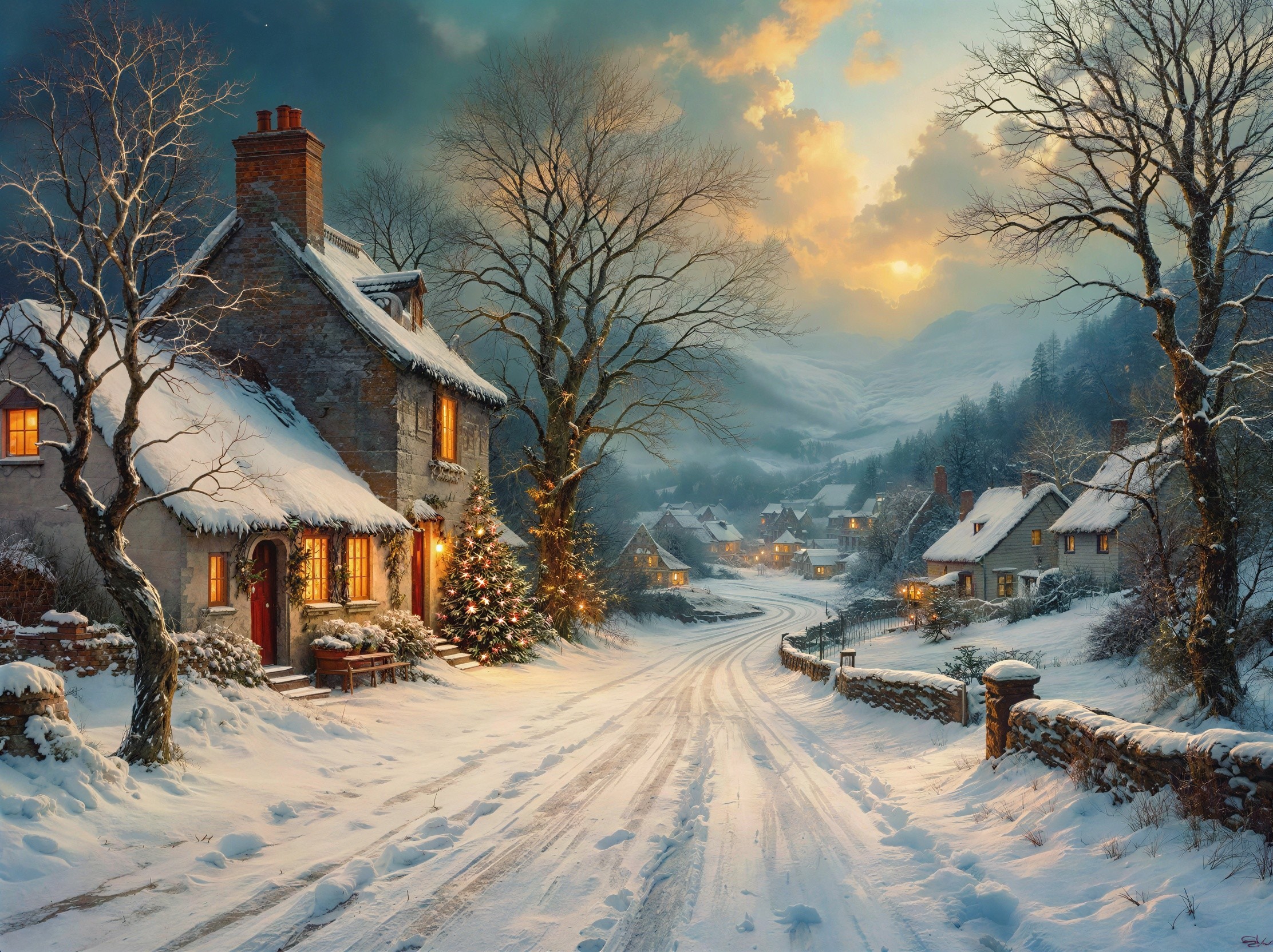 Winter Village Landscape with Snow-Covered Cottages