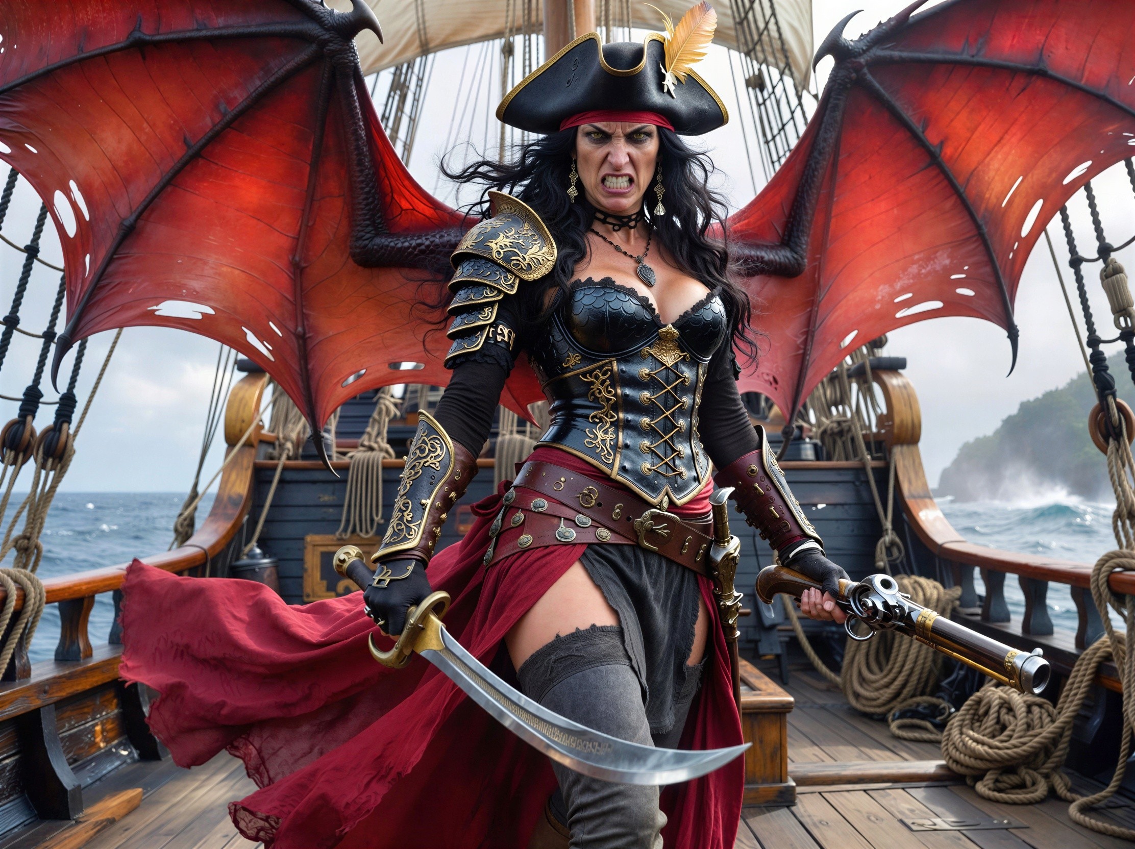 Angry demon pirate woman on a ship with wings