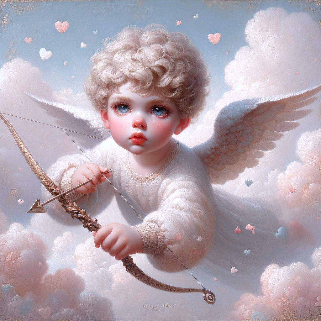 Cherubic Baby Cupid in Bright Sky with Hearts