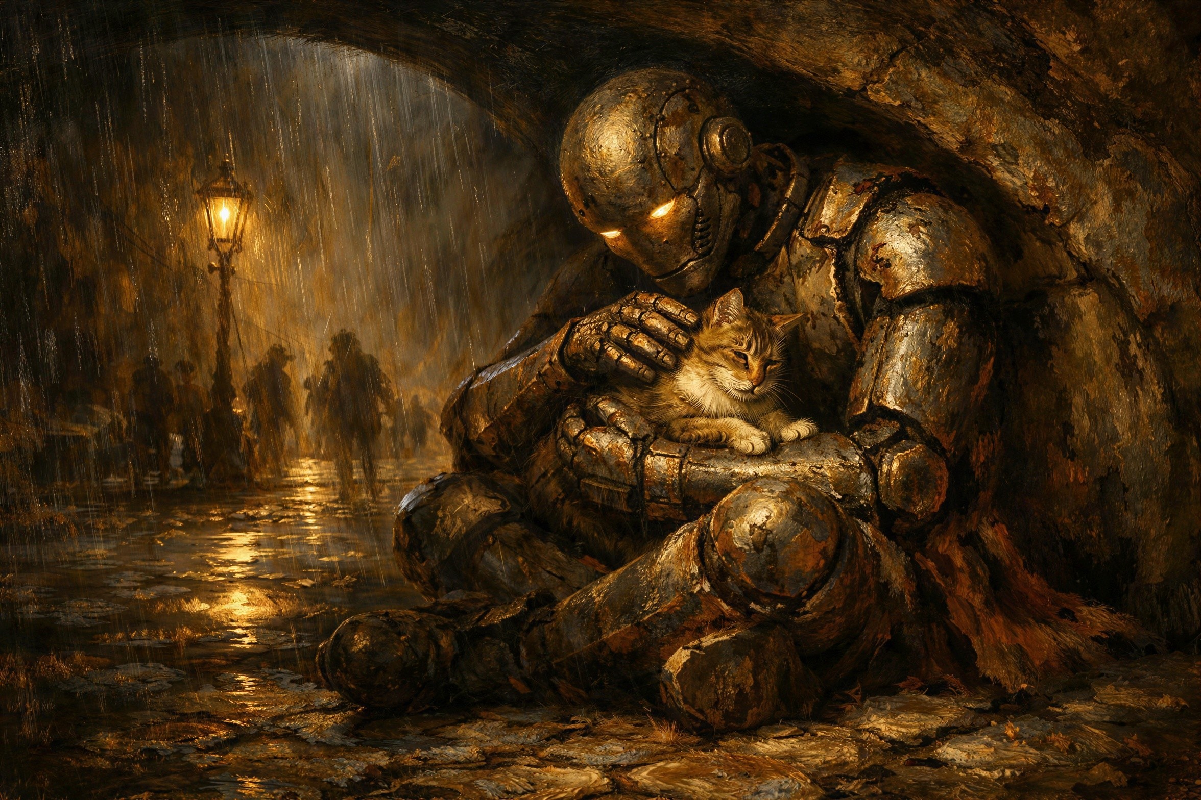 Steampunk Robot with Cat Under Rainy Archway