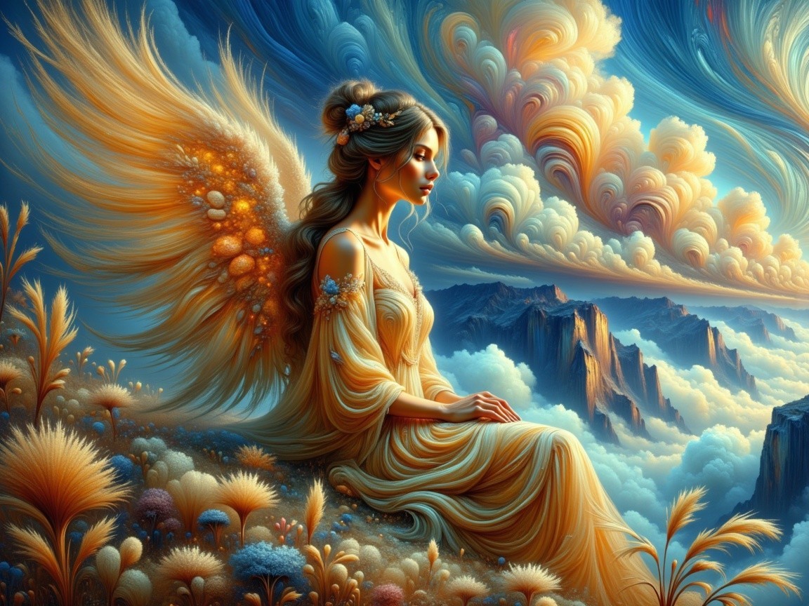 Detailed Digital Painting of an Angelic Woman on a Hill