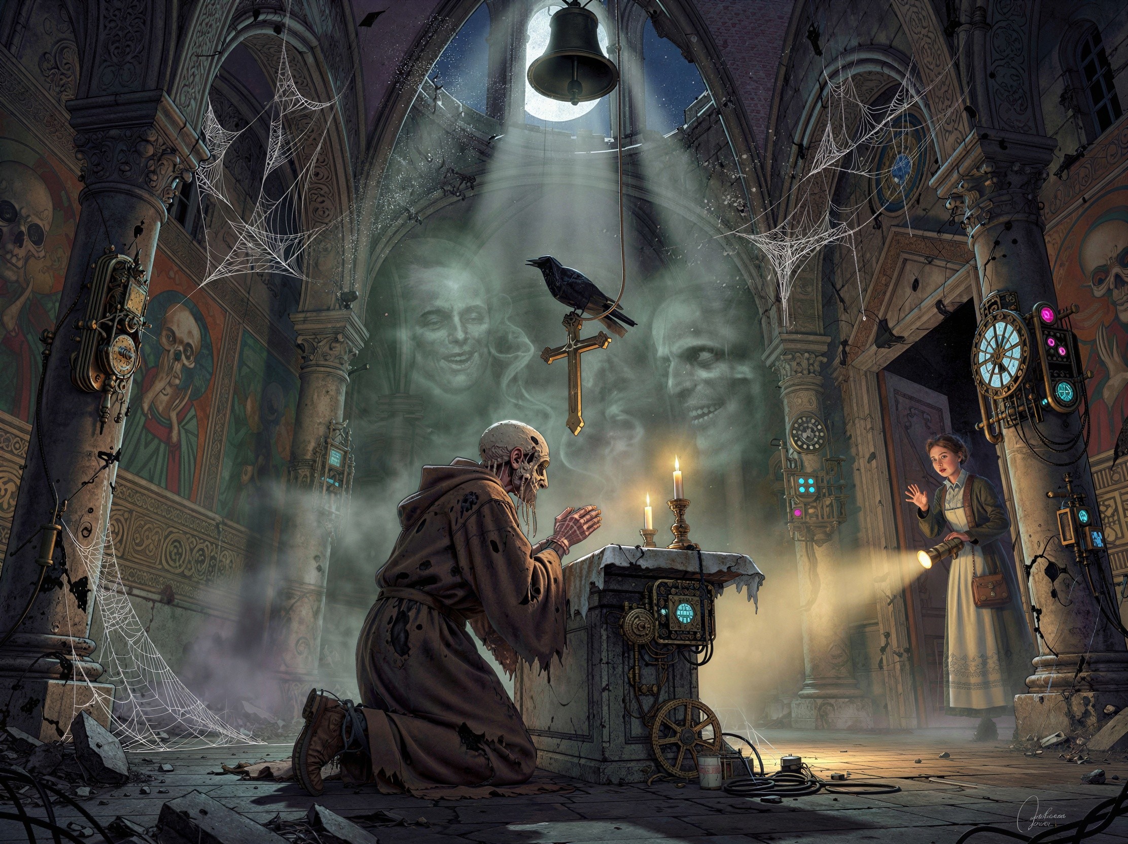 Gothic Church Interior with Ethereal Figures and Monk