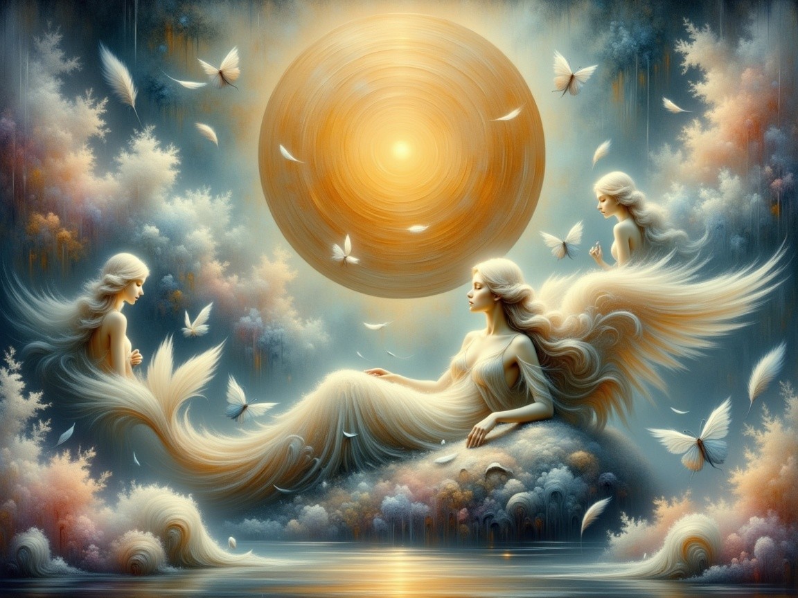 Ethereal Digital Painting of Blonde Women in Clouds