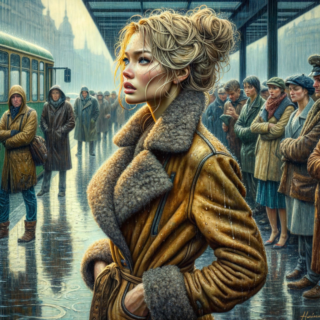 Close-Up Digital Painting of Woman in Rainy Setting
