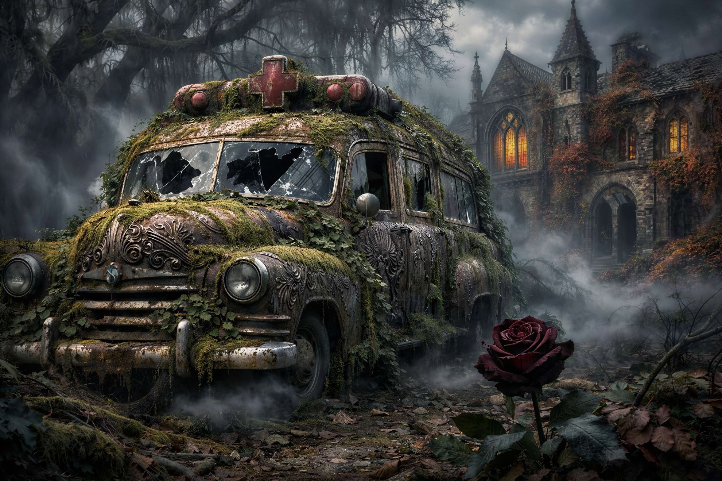 Abandoned ambulance in a misty gothic forest scene