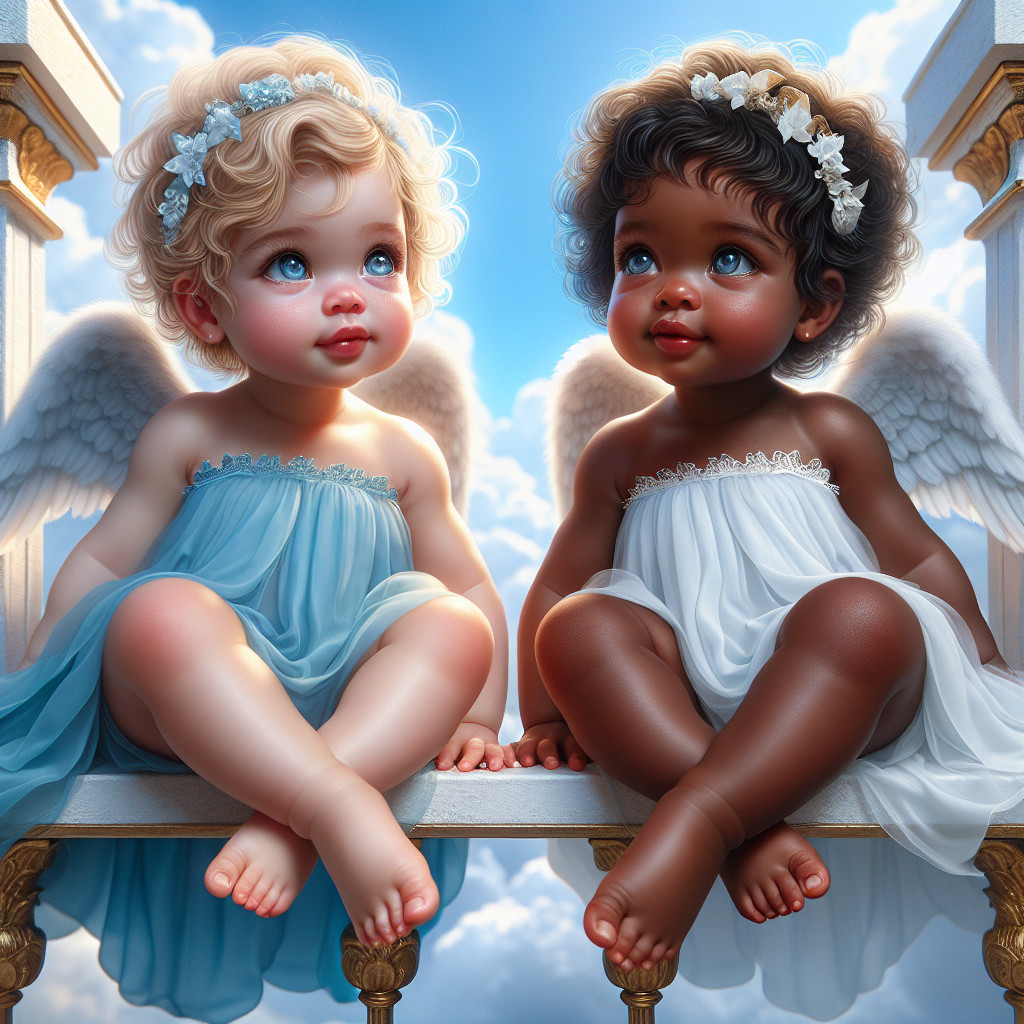 Realistic Baby Angels on Cloud Balcony in Blue Sky