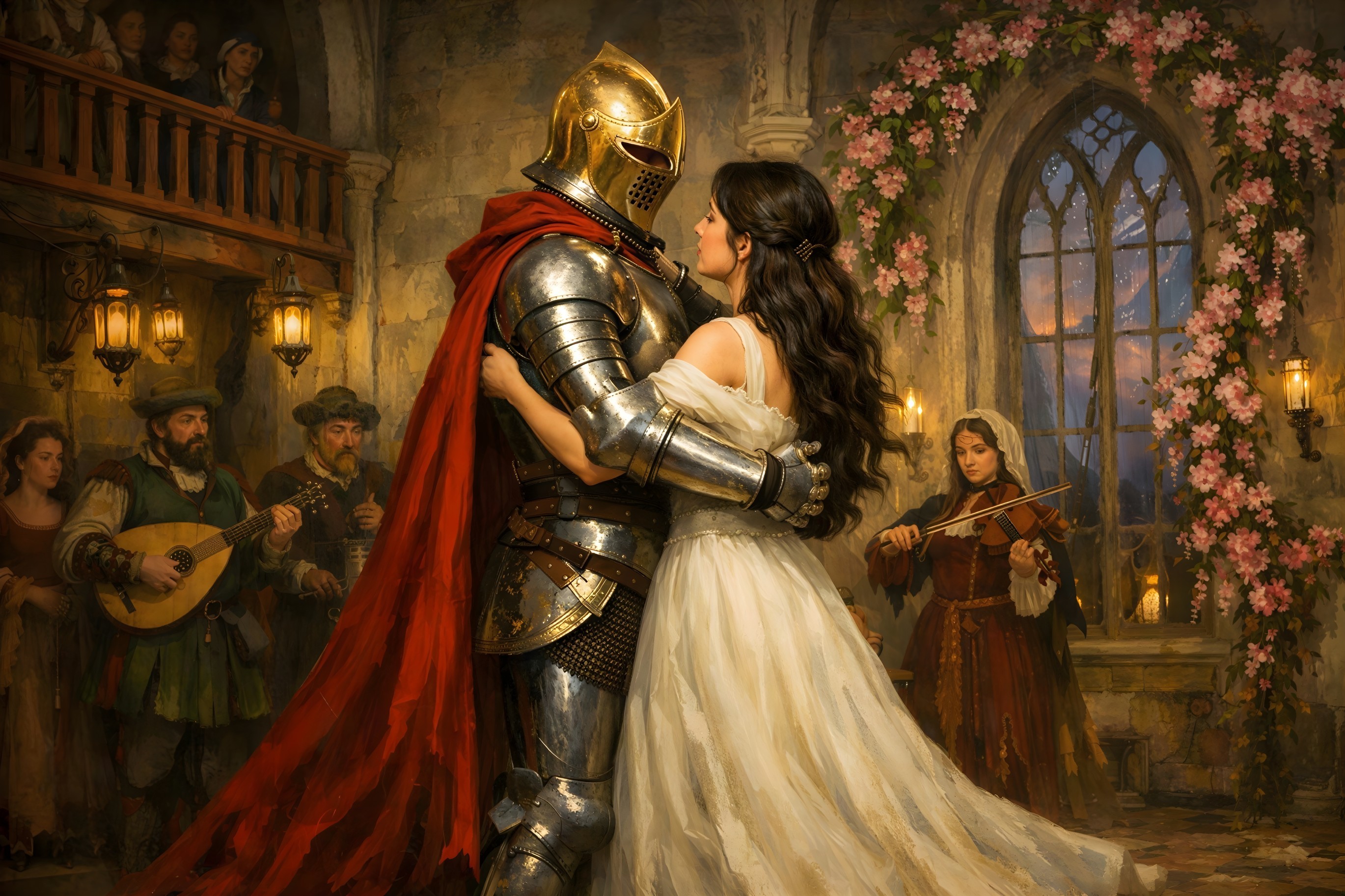 Young couple dancing in a dimly lit Renaissance hall