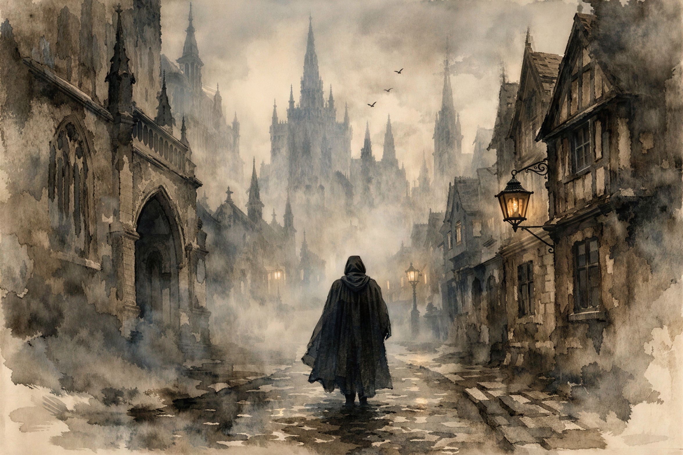 Gothic Street Scene with Cloaked Figure in Fog