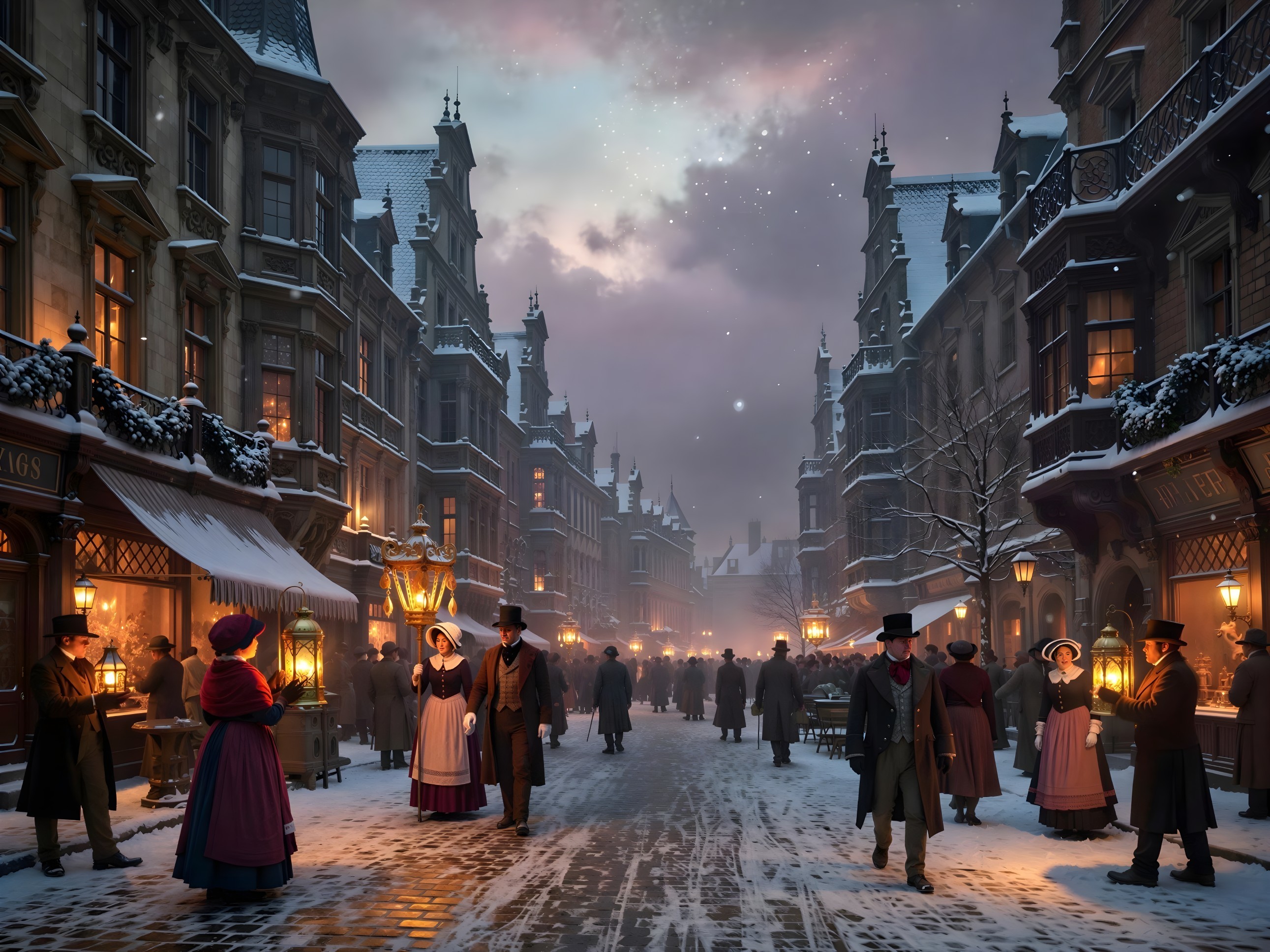 19th-Century Snowy European Street Scene Painting