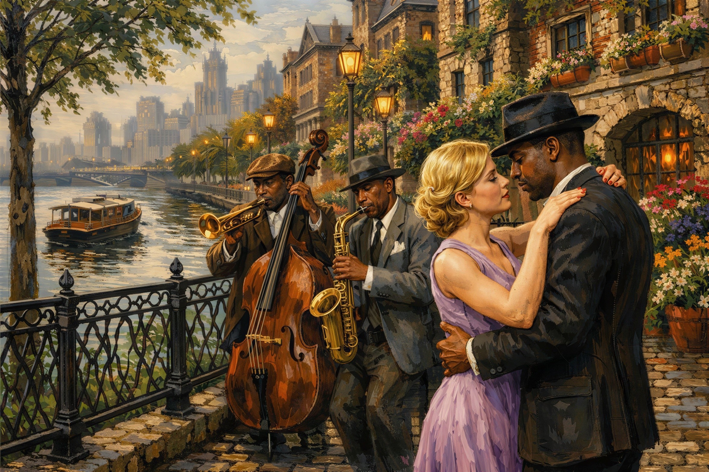 Romantic Painting of Diverse Couple Dancing with Jazz Band