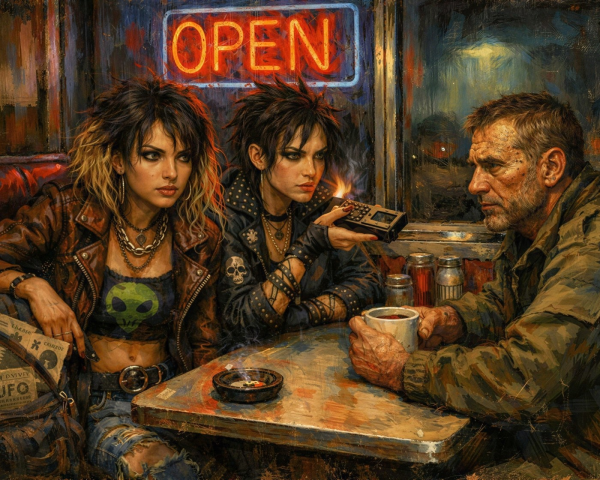 Digital painting of punk and gothic women in diner