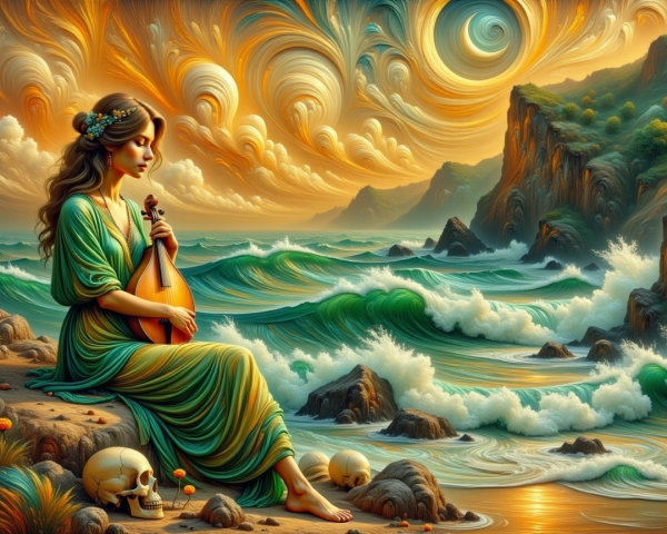Female Musician on Beach with Mandolin and Psychedelic Sky