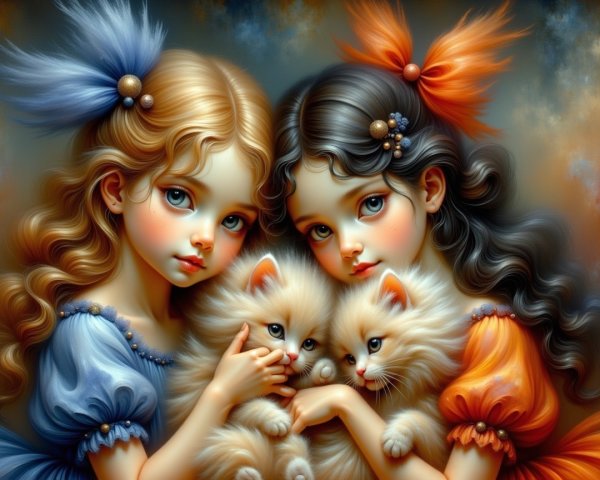 Portrait of Two Girls with Kittens and Victorian Attire