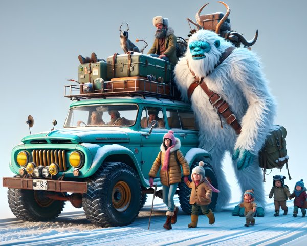 Whimsical Car Illustration with Yeti Companion