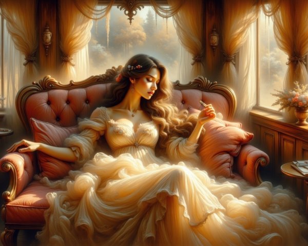 Elegant Young Woman on Coral-Pink Velvet Sofa