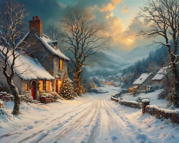 Winter Village Landscape with Snow-Covered Cottages