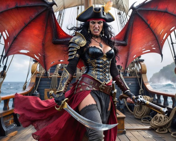Angry demon pirate woman on a ship with wings