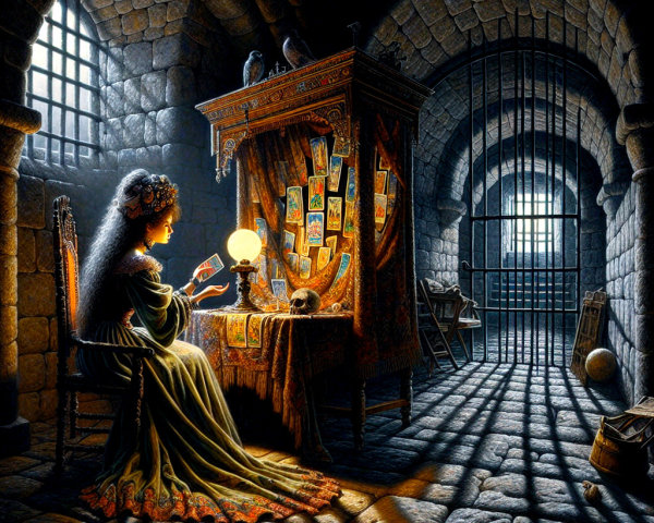 Fortune Teller in Dark Dungeon with Tarot Cards and Skull