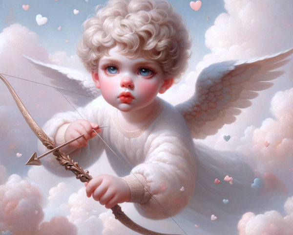 Cherubic Baby Cupid in Bright Sky with Hearts