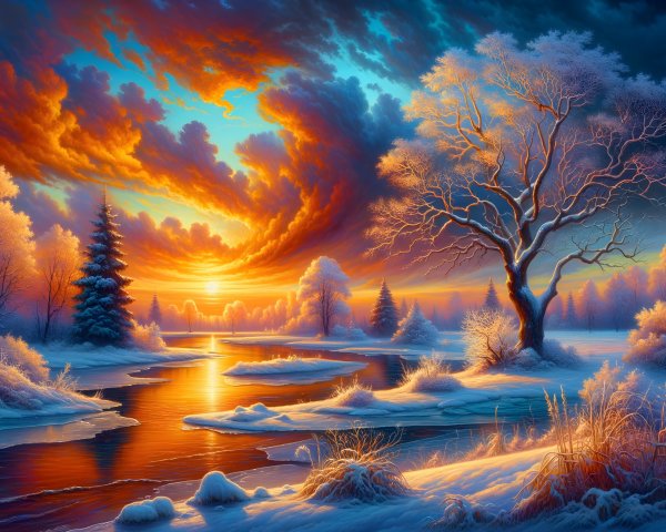Vibrant Winter Sunset Over a Winding River Landscape