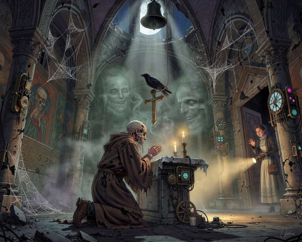 Gothic Church Interior with Ethereal Figures and Monk