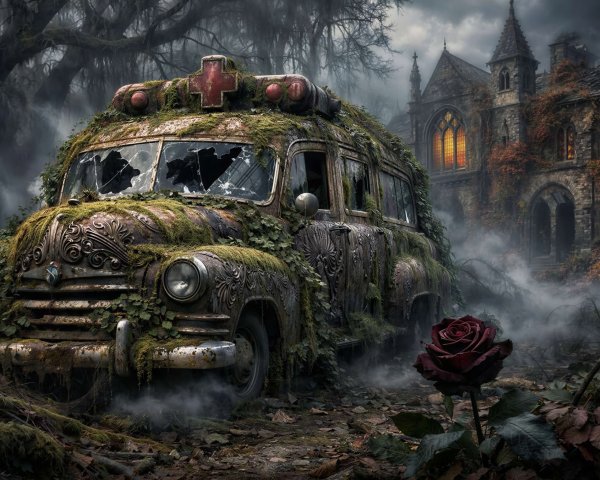 Abandoned ambulance in a misty gothic forest scene