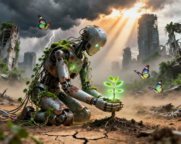 Robot Nurturing Sapling in Post-Apocalyptic Landscape