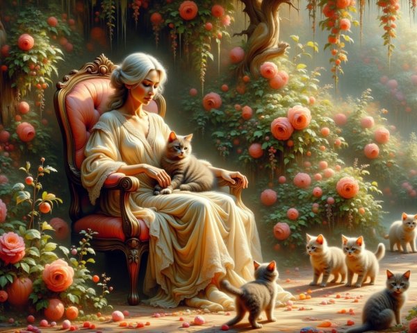 Portrait of a Woman Surrounded by Cats and Roses