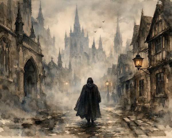 Gothic Street Scene with Cloaked Figure in Fog