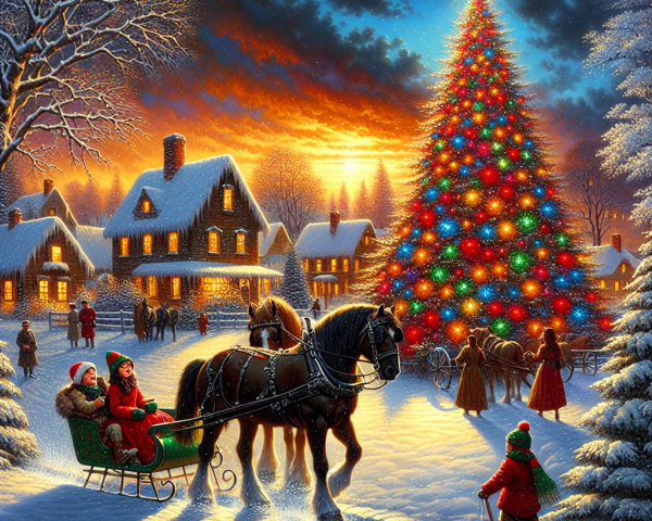 Cozy Winter Evening Scene with Christmas Tree and Sleigh