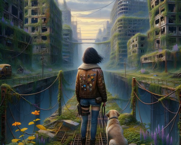 Solitary figure with dog on a derelict urban overpass