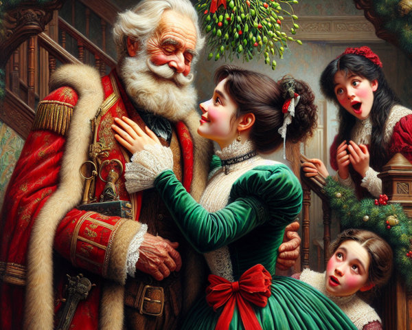 Vibrant Painting of Santa Claus and Young Woman Together