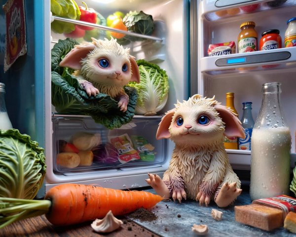 Fluffy Tan Creatures in Bright Refrigerator Scene