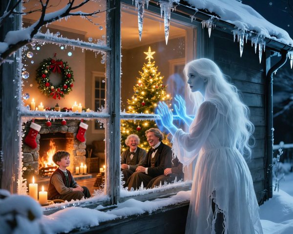 Ice Ghost Observing a Warm Christmas Scene Inside