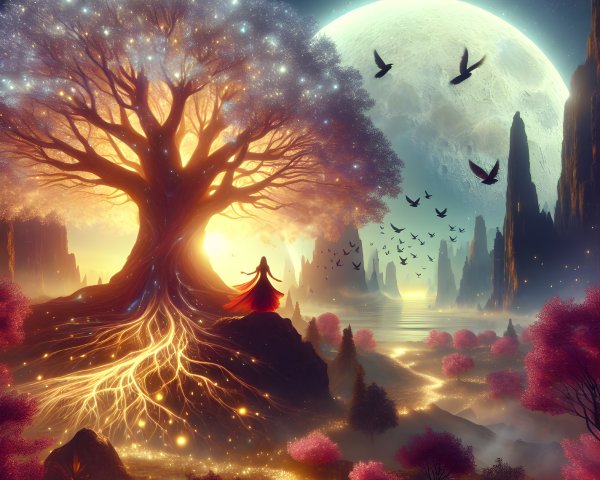 Ethereal Landscape with Mystical Tree and Moonlight