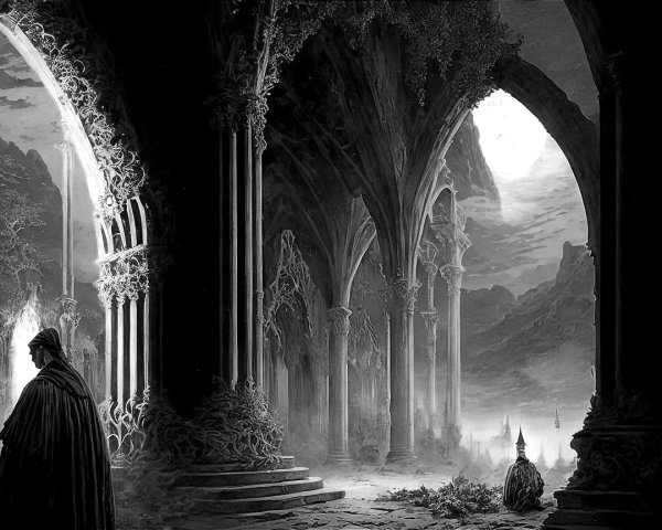 Gothic Cathedral with Foggy Landscape and Spired City